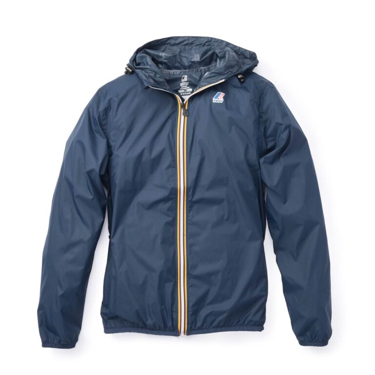Blue K-Way hooded windbreaker jacket with a yellow zipper and a small logo on the left chest, perfect as a lightweight rain jacket.