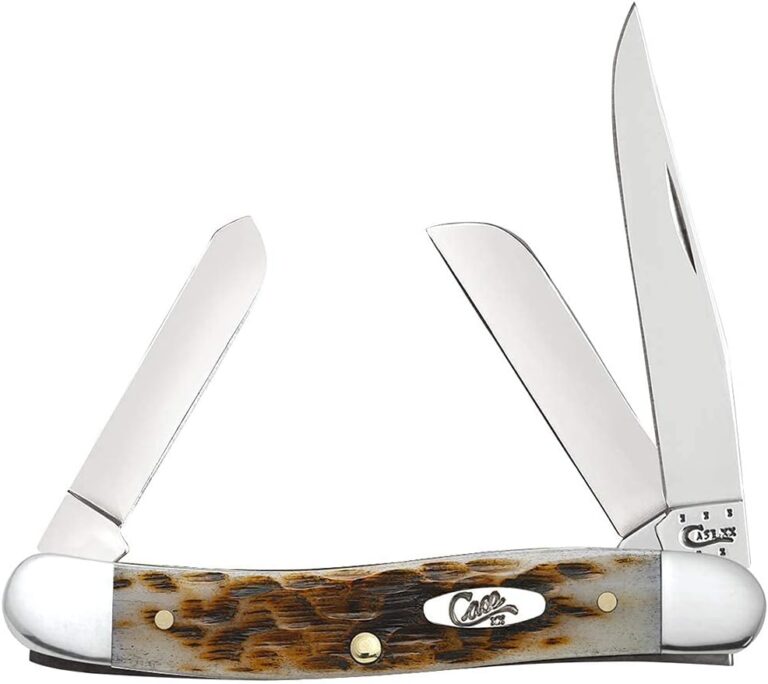 Brown-handled Case Medium Stockman pocket knife featuring three open blades and a metal Case logo on the side.