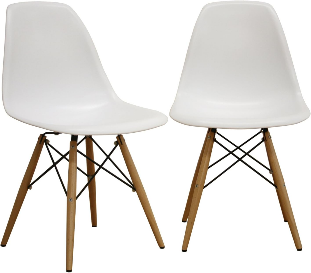 Two modern Eames Style Chairs with white plastic seats, wooden legs, and black metal supports, placed side by side.