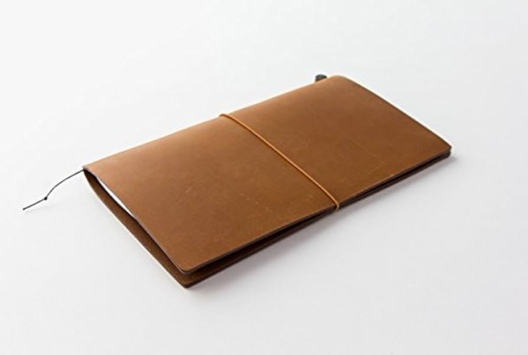 Brown leather notebook with an elastic band, closed, lying on a white surface—perfect as a travel journal or reminiscent of the classic Midori Traveler’s Notebook.