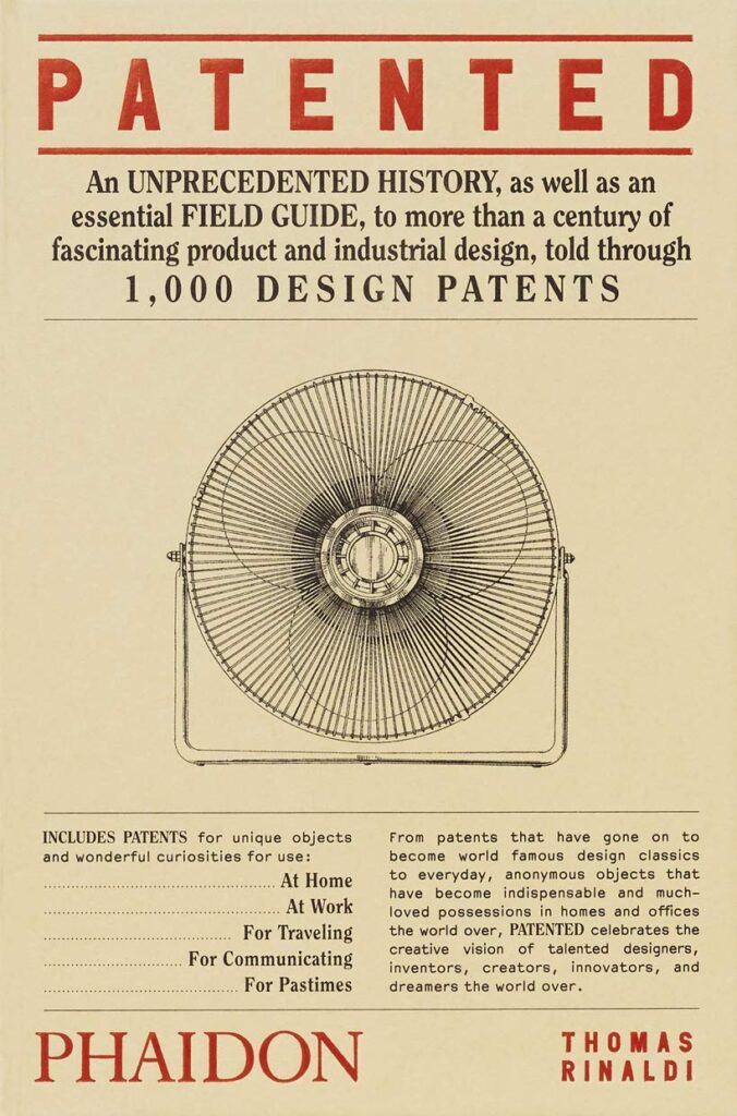 A beige paper book cover with a fan illustration and bold red “PATENTED” text, plus black and red descriptive text, hints at a thousand ideas waiting inside.