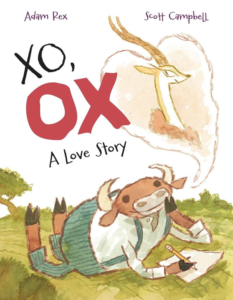 Illustration of an OX writing a letter, imagining an antelope in a heart-shaped thought bubble—a whimsical love story captured with every XO penned on the page.