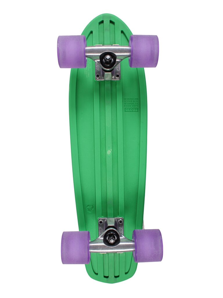 Green Bantam skateboard with purple wheels, viewed from above against a white background, giving off serious Retro Ripper vibes.